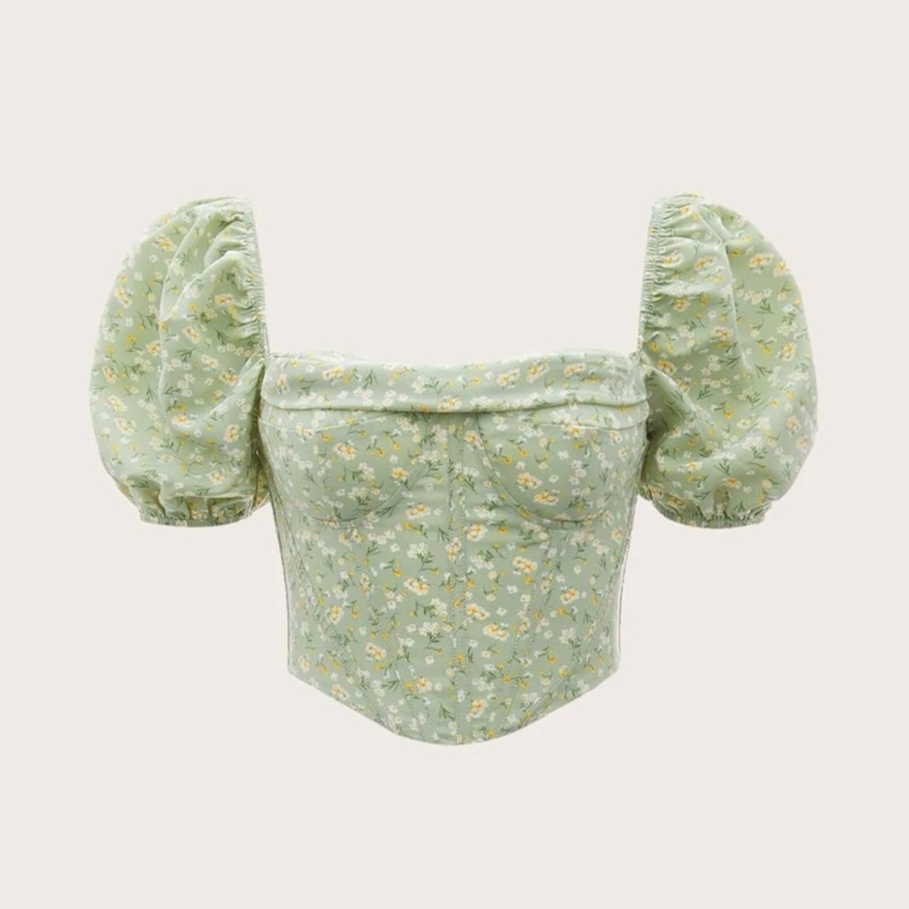 Floral Print Puff Sleeve Cropped Top XS